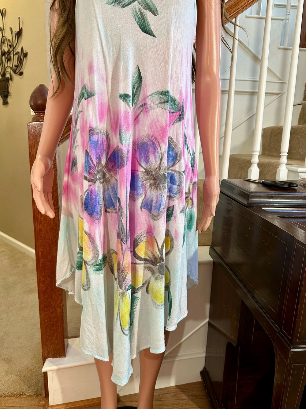 Sleeveless Floral Tie-Dye Swing Dress in Pink, Blue & Yellow - Picture 4 of 14
